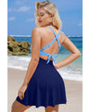 Navy Blue Crisscross Straps Tie Back Flared One Piece Swimsuit - XL