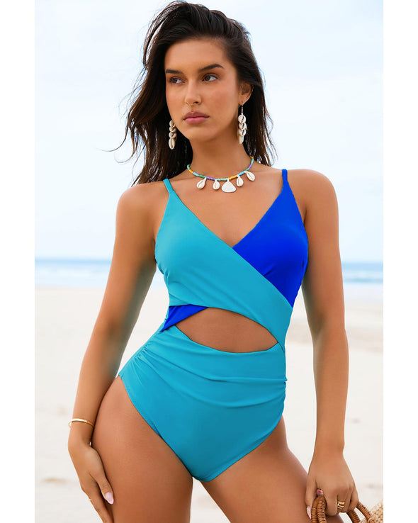 Light Blue Crossover Colorblock Cutout One Piece Swimsuit - M