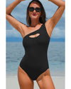 Black Ribbed One Shoulder Hollowed One Piece Swimsuit - L