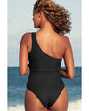 Black Ribbed One Shoulder Hollowed One Piece Swimsuit - L