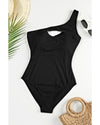 Black Ribbed One Shoulder Hollowed One Piece Swimsuit - L