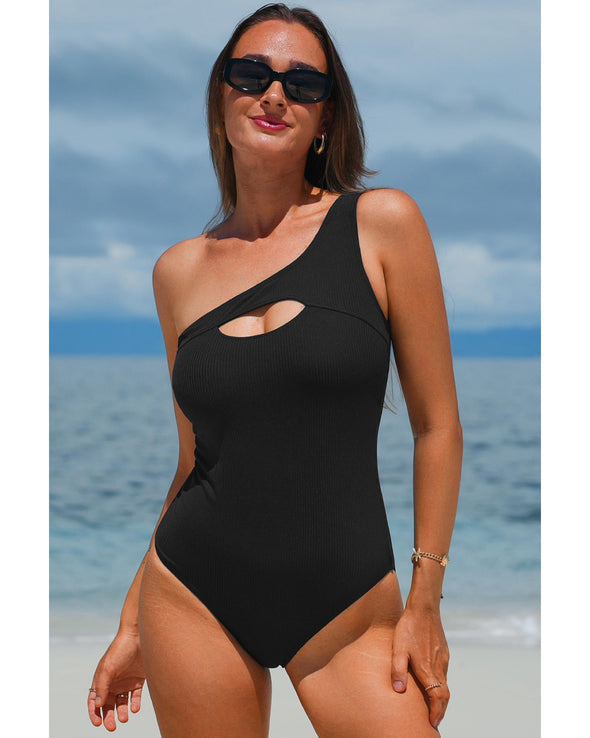 Black Ribbed One Shoulder Hollowed One Piece Swimsuit - M