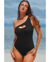 Black Ribbed One Shoulder Hollowed One Piece Swimsuit - M