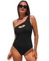 Black Ribbed One Shoulder Hollowed One Piece Swimsuit - M