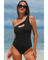 Black Ribbed One Shoulder Hollowed One Piece Swimsuit - XL