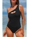 Black Ribbed One Shoulder Hollowed One Piece Swimsuit - XL