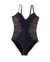 Black Petal Print Crisscross Back Spaghetti Straps Swimsuit - S
