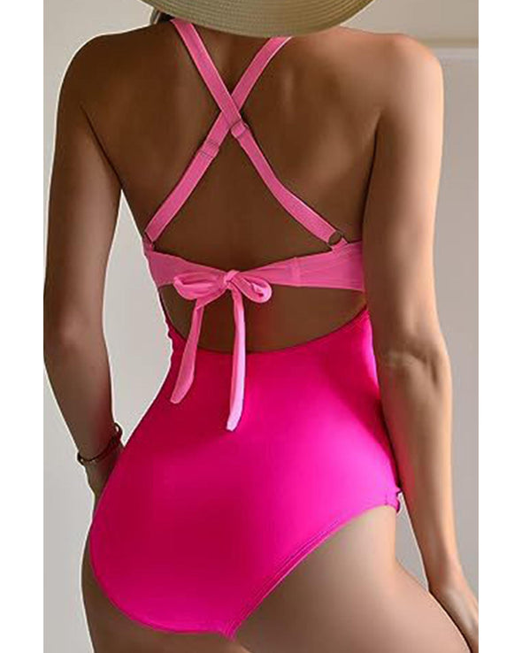Pink 2-tone Crossed Cutout Backless Monokini - L