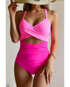 Pink 2-tone Crossed Cutout Backless Monokini - L