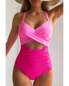 Pink 2-tone Crossed Cutout Backless Monokini - XL