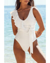 White Asymmetric Ruffle Trim Tie Waist One Piece Swimsuit - L