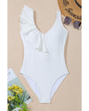 White Asymmetric Ruffle Trim Tie Waist One Piece Swimsuit - M