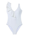 White Asymmetric Ruffle Trim Tie Waist One Piece Swimsuit - M