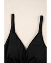 Black V Neck Twist Ruched Crisscross Backless One-Piece Swimsuit - M