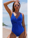 Dark Blue V Neck Twist Ruched Crisscross Backless One-Piece Swimsuit - M