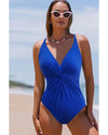 Dark Blue V Neck Twist Ruched Crisscross Backless One-Piece Swimsuit - M