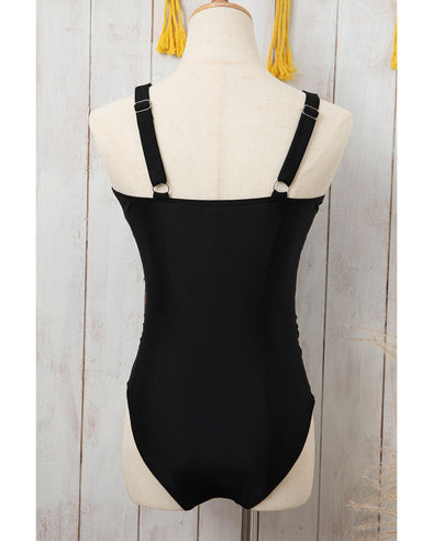 Brown Leopard Mesh Insert V Neck High Waist Monokini - S