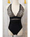 Brown Leopard Mesh Insert V Neck High Waist Monokini - S