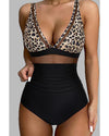 Brown Leopard Mesh Insert V Neck High Waist Monokini - S