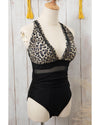 Brown Leopard Mesh Insert V Neck High Waist Monokini - S