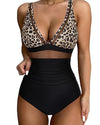 Brown Leopard Mesh Insert V Neck High Waist Monokini - S
