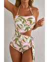 Pink Tropical Asymmetric Cut out Halter Backless One Piece Swimwear - XL