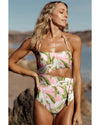 Pink Tropical Asymmetric Cut out Halter Backless One Piece Swimwear - XL
