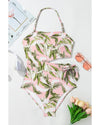 Pink Tropical Asymmetric Cut out Halter Backless One Piece Swimwear - XL