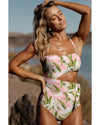 Pink Tropical Asymmetric Cut out Halter Backless One Piece Swimwear - XL