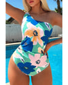 Green Floral Print Ruched Cut Out One Shoulder Monokini - M