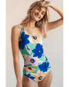 Green Floral Print Ruched Cut Out One Shoulder Monokini - M