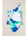 Green Floral Print Ruched Cut Out One Shoulder Monokini - M