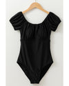 Black Elastic Neckline Short Sleeve One Piece Swimsuit - M