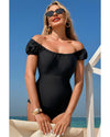 Black Elastic Neckline Short Sleeve One Piece Swimsuit - M