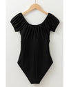 Black Elastic Neckline Short Sleeve One Piece Swimsuit - M