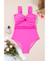 Bright Pink Cut out Twist Bowknot Backless One Piece Swimsuit - L