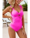 Bright Pink Cut out Twist Bowknot Backless One Piece Swimsuit - M