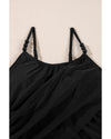 Black Beaded Spaghetti Straps Ruched Overlapped Colorblock One Piece Swimsuit - S