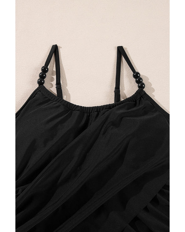 Black Beaded Spaghetti Straps Ruched Overlapped Colorblock One Piece Swimsuit - S