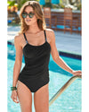 Black Beaded Spaghetti Straps Ruched Overlapped Colorblock One Piece Swimsuit - S