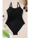 Black Beaded Spaghetti Straps Ruched Overlapped Colorblock One Piece Swimsuit - S