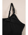 Black Beaded Spaghetti Straps Ruched Overlapped Colorblock One Piece Swimsuit - S
