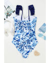 Blue Cutout Ruffled Spaghetti Strap One-Piece Swimwear - L