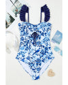 Blue Cutout Ruffled Spaghetti Strap One-Piece Swimwear - M