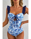 Blue Cutout Ruffled Spaghetti Strap One-Piece Swimwear - M