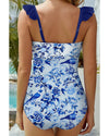 Blue Cutout Ruffled Spaghetti Strap One-Piece Swimwear - M