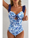 Blue Cutout Ruffled Spaghetti Strap One-Piece Swimwear - XL