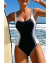 Black Color Block Ric Rac Trim U Neck One Piece Swimsuit - M