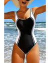 Black Color Block Ric Rac Trim U Neck One Piece Swimsuit - S