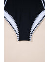 Black Color Block Ric Rac Trim U Neck One Piece Swimsuit - S